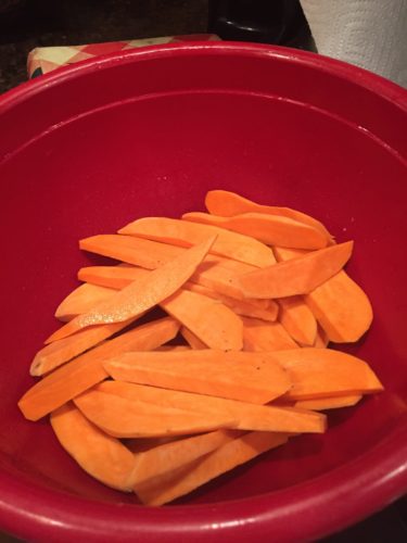 sliced and damp sweet potato wedges