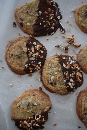 Sea Salt and Pretzel Dipped Chocolate Chip Cookies