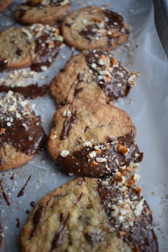 Sea Salt and Pretzel Dipped Chocolate Chip Cookies